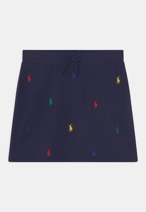 Marineblauer Baumwollrock mit buntem, gesticktem Polo-Logo-Muster, Kordelzugbund und glatter Textur.