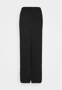 Svarta högmidjade byxor med vida ben och framknapp samt dragkedjestängning, visade mot en enkel vit bakgrund.