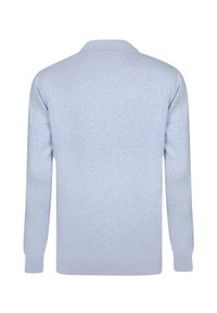 Jasnoniebieski sweter z dzianiny z kołnierzykiem, długimi r�ękawami oraz ściągaczami na mankietach i dole. Gładka tekstura, prosty fason, bez wzorów i akcentów.