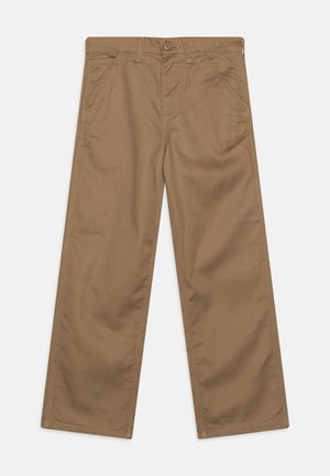 Pantalon en coton kaki avec jambes droites, fermeture à boutons et deux poches avant inclinées, posé à plat sur un fond blanc.