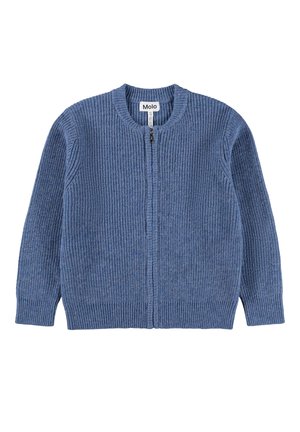 Cardigan blu lavorato a maglia con cerniera lunga, texture a coste, scollo tondo e maniche lunghe, etichetta Molo, taglia 122-128.
