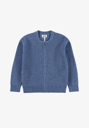 Blauer gestrickter Full-Zip-Cardigan mit gerippter Struktur, rundem Ausschnitt und langen Ärmeln, Marke Molo, Größe 122-128.
