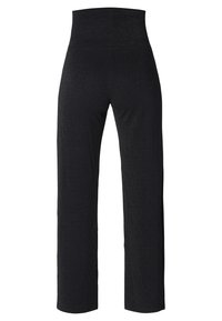Schwarze weit geschnittene Hose mit hohem elastischen Bund, aus einem glänzenden, dehnbaren Stoff, der subtilen Glanz überall aufweist.