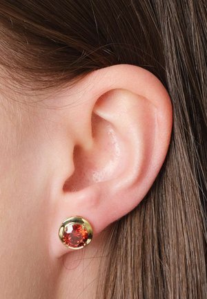 Nahaufnahme eines menschlichen Ohrs mit glattem braunem Haar, das einen goldenen Stecker-Ohrstecker mit einem runden, facettierten roten Edelstein trägt.