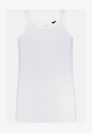 Débardeur blanc en tissu côtelé avec un col rond classique et des bretelles fines. Présente une étiquette de marque discrète à l'intérieur.