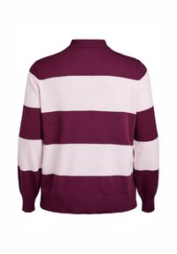Suéter a rayas en color marrón y rosa claro con cuello, mangas largas, puños y dobladillo acanalados. Material suave con una textura lisa.