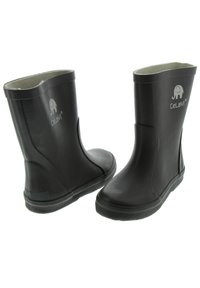 Bottes de pluie en caoutchouc noir avec une surface lisse et des semelles texturées. Elles présentent une hauteur de cheville courte et un logo d'éléphant sur le côté.