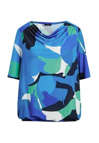 Blaue und grüne gemusterte Bluse mit einem drapierten Ausschnitt, kurzen Ärmeln und gerafftem Saum. Hergestellt aus glattem Stoff mit einem fließenden Fall.