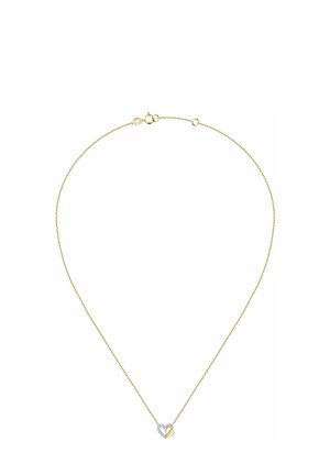 Gul kæd necklace med en hjerteformet vedhæng med en sølvkant og guldcenter, udsmykket med små ædelsten for ekstra detaljer.