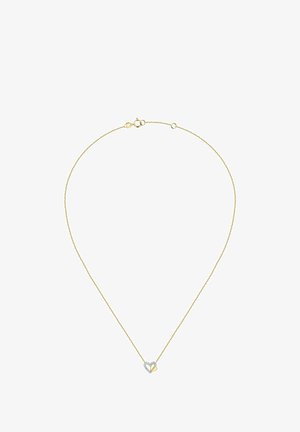 Gul kæd necklace med en hjerteformet vedhæng med en sølvkant og guldcenter, udsmykket med små ædelsten for ekstra detaljer.