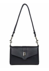 Borsa a tracolla in pelle blu navy con superficie texture, forma rettangolare elegante e chiusura in argento. Tracolla regolabile. Design minimalista.