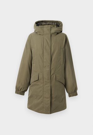 Olijfgroene parka met een capuchon, voorzien van elastische manchetten en zijzakken. Glad textuur, rechte snit en ritssluiting aan de voorkant.