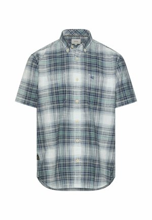 Kortærmet skjorte med knapper, blå, hvid og grønternet mønster og to brystlommer.