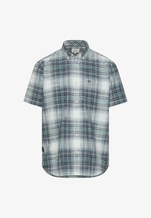 Chemise à manches courtes avec motif à carreaux bleu, blanc et vert, dotée de deux poches poitrine.