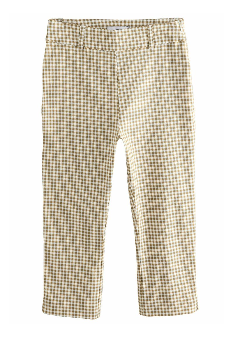 Gemusterte Hose mit braunem und weißen Vichykaro-Design, strukturiertem Stoff, geradem Bein Schnitt und einem normalen Taillenbund mit Gürtelschlaufen.