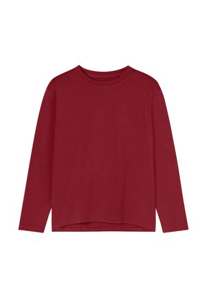 Red long-sleeve top made of soft fabric with a round neckline and a relaxed fit, featuring a straight hem and no visible patterns or accents.