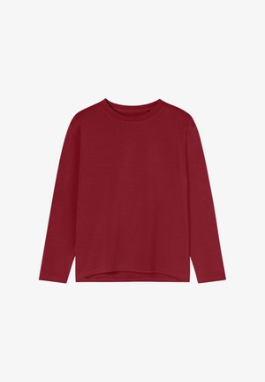 Red long-sleeve top made of soft fabric with a round neckline and a relaxed fit, featuring a straight hem and no visible patterns or accents.