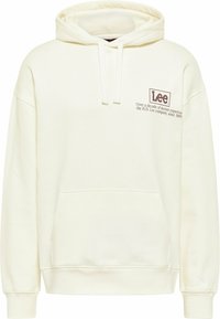 Sudadera crema con bolsillo frontal, capucha con cordón y texto impreso con marca y detalles en el área del pecho izquierdo. Fabricada con tela suave.