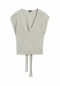Grey wrap top with deep V-neck, short sleeves, and soft texture. Features two ties at the waist for closure, designed for a relaxed fit.