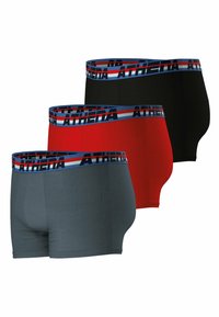 Trio de boxers en coton stretch gris, rouge et noir, avec un élastique contrastant à la taille portant "ATHENA" en lettres grasses.