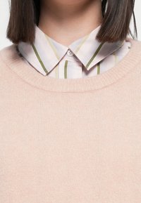 Maglione rosa chiaro con scollatura rotonda indossato sopra una camicia a righe con bottoni, caratterizzata da righe verdi e gialle su uno sfondo bianco.