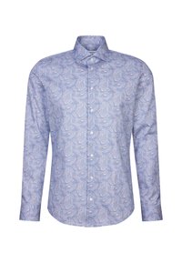 Chemise à manches longues boutonnée avec un motif cachemire complexe bleu et violet et un col classique sur fond blanc.