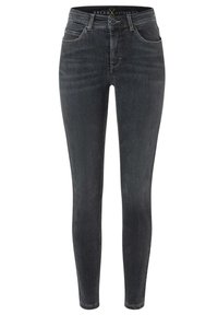 Jeans ajustados de color gris oscuro, fabricados en denim. Presentan una cintura de altura media, diseño de cinco bolsillos y detalles de costura sutiles. Textura suave en toda su superficie.