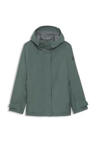 Veste imperméable verte avec capuche, dotée d'une fermeture éclair frontale, de poches latérales et de poignets ajustables. Texture lisse et design minimaliste.