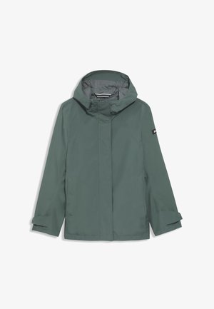 Groene waterdichte jas met een capuchon, voorzien van een voorkant met rits, zijzakken en verstelbare manchetten. Glide textuur en minimalistisch ontwerp.