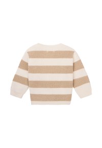 Pull en maille épaisse avec des rayures crème et beige, design court, manches larges et poignets côtelés. Motif texturé sur l'ensemble.