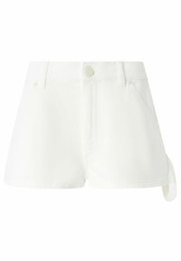 Bijele traperice s visokim strukom, prednjim džepovima i kopčanjem na gumb. Imaju preklop na rubu i detalj s bočnim vezivanjem. Glatka tekstura.