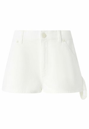 Bijele traperice s visokim strukom, prednjim džepovima i kopčanjem na gumb. Imaju preklop na rubu i detalj s bočnim vezivanjem. Glatka tekstura.