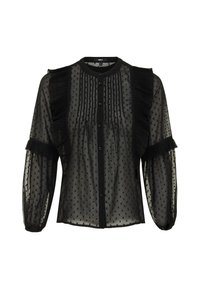 Blusa nera trasparente con pois, chiusura frontale a bottoni, dettagli plissettati e accenti di ruches su spalle e maniche.