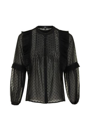 Czarna przezroczysta bluzka w groszki, z zapięciem na guziki z przodu, plisowanymi detalami oraz falbanami na ramionach i rękawach.