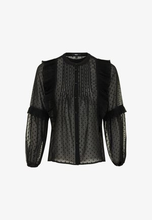 Zwarte doorschijnende blouse met stippen, voor sluiting met knopen, geplooide details en ruches op de schouders en mouwen.