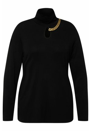 Zwarte langslopen turtleneck top met een keyhole uitsnede en een gouden kettingdetail bij de halslijn. Zachte stof, aansluitend ontwerp.