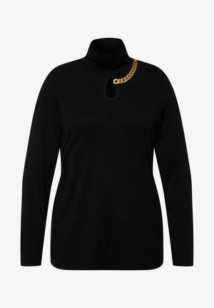 Zwarte langslopen turtleneck top met een keyhole uitsnede en een gouden kettingdetail bij de halslijn. Zachte stof, aansluitend ontwerp.