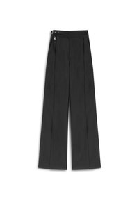 Schwarze, weite Hosen mit glatter Textur, die einen Knopf und kontrastierende Nähte am Bund aufweisen.