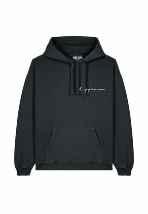Sweatshirt à capuche noir avec une poche avant et le texte en cursive blanc "Happiness" sur la poitrine. Fabriqué en matériau coton doux.