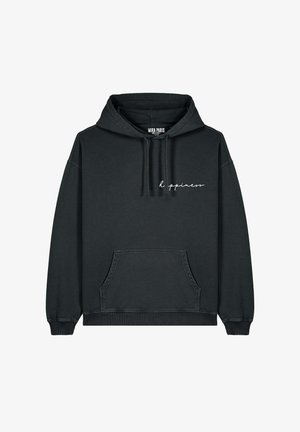 Felpa nera con cappuccio, dotata di tasca frontale e testo in bianco scritto in corsivo "Happiness" sul petto. Realizzata in morbido cotone.