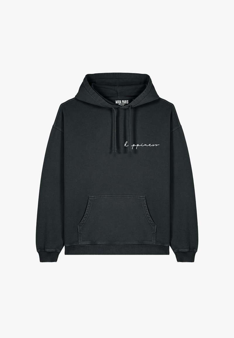 Felpa nera con cappuccio, dotata di tasca frontale e testo in bianco scritto in corsivo "Happiness" sul petto. Realizzata in morbido cotone.