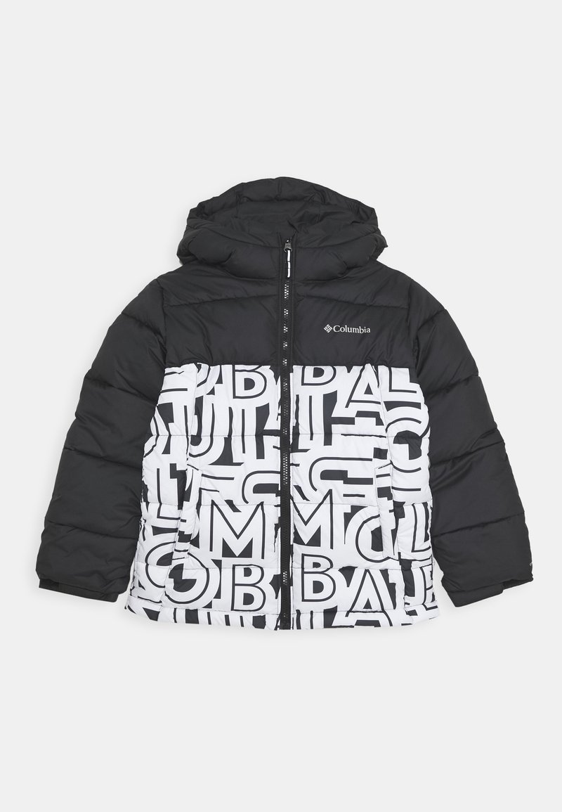 Puffer jacket with a black hood, black sleeves, and a white front featuring large black letters. Zipper closure and Columbia logo on the chest.