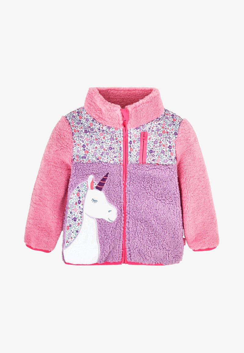 Fleece jacket featuring pink sleeves, purple body, floral pattern, and a unicorn appliqué on the front. Full zipper and cozy collar design.