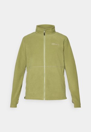 Žalias fliso džemperis su aukštu apykakle, visišku užtrauktuku ir logotipu ant krūtinės. Yra šoninės kišenės ir tekstūruotas audinys.