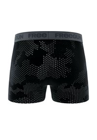 Boxer shorts noirs avec un motif à pois texturé dans des nuances de gris variées. Présente une ceinture grise avec le logo "FREEGUN".