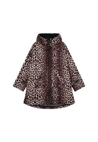 Kurtka puchowa w panterkę z czarnym zamkiem błyskawicznym i kapturem, z długimi rękawami i dwoma bocznymi kieszeniami dla dodatkowej funkcjonalności.