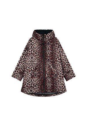 Kurtka puchowa w panterkę z czarnym zamkiem błyskawicznym i kapturem, z długimi rękawami i dwoma bocznymi kieszeniami dla dodatkowej funkcjonalności.