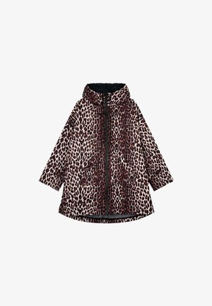 Leopardenmuster Pufferjacke mit einem schwarzen Reißverschluss und Kapuze, mit langen Ärmeln und zwei seitlichen Taschen für zusätzlichen Komfort.