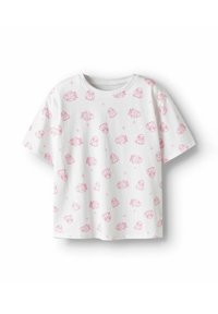 Biely bavlnený tričko s ružovými kreslenými vzormi, obsahujúce rôzne dizajny a malé hviezdne akcenty. Krátke rukávy a okrúhly výstrih.