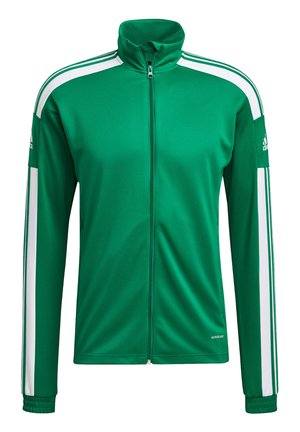 Green Adidas track jacket with white shoulder and sleeve stripes, full front zipper, and high collar, labeled Aeroready fabric technology.